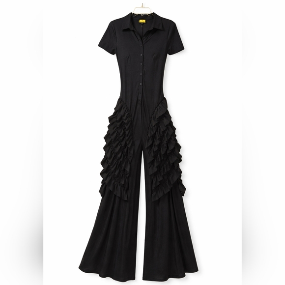 love highlight Pants - Statement Black Ruffled Wide-Leg Jumpsuit Women's Size M Party